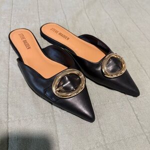 Steve Madden Black Mules with Gold Buckle